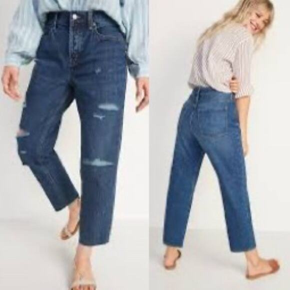 OLD NAVY Dark Blue Wash High Rise Slouchy Straight Leg Denim Distressed Jeans 8 - Picture 14 of 14